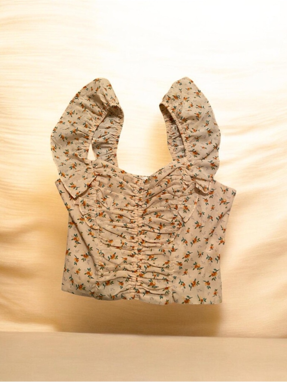 New! Lush Cream Orange Floral Ruched Crop Top, Size S, Perfect Spring/Summer Top